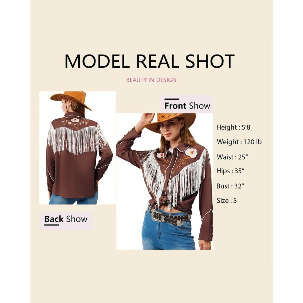 Women's Brown Floral Embroidered Fringe Western Rodeo Button Down Blouse Tops - Picture 5 of 5